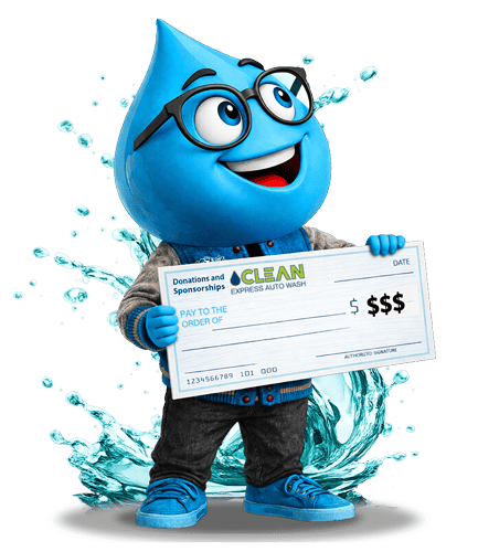 Dripman mascot holding sign - donation and sponsorship