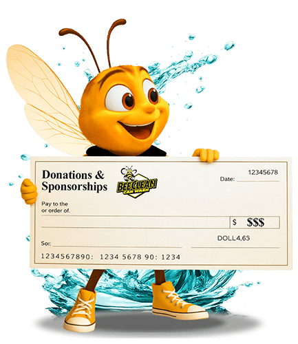 Bee mascot holding sign - donation and sponsorship