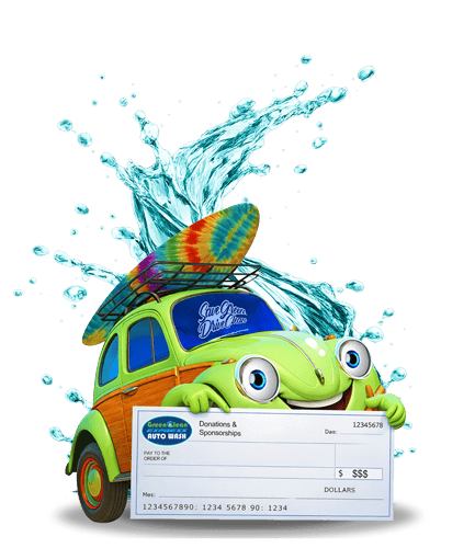 Green Clean mascot holding check - donation and sponsorship