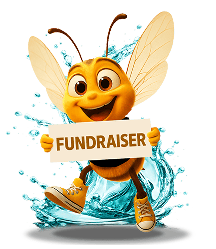 Bee mascot holding fundraiser sign