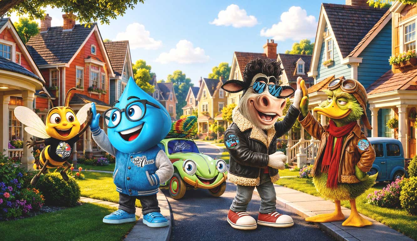 Wash Express mascots outside a Wash Express location