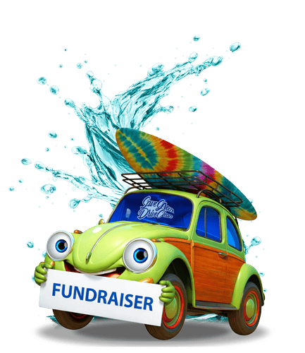 Green Clean mascot holding fundraiser sign