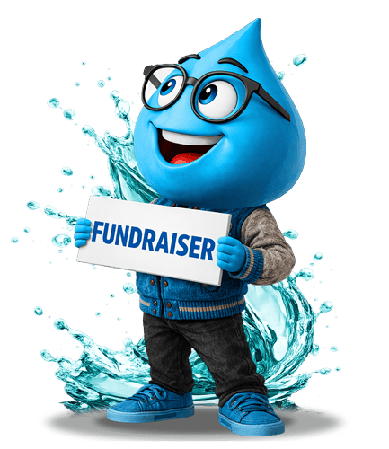 Dripman mascot holding fundraiser sign