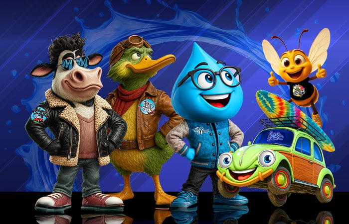 Wash Express mascots outside a Wash Express location