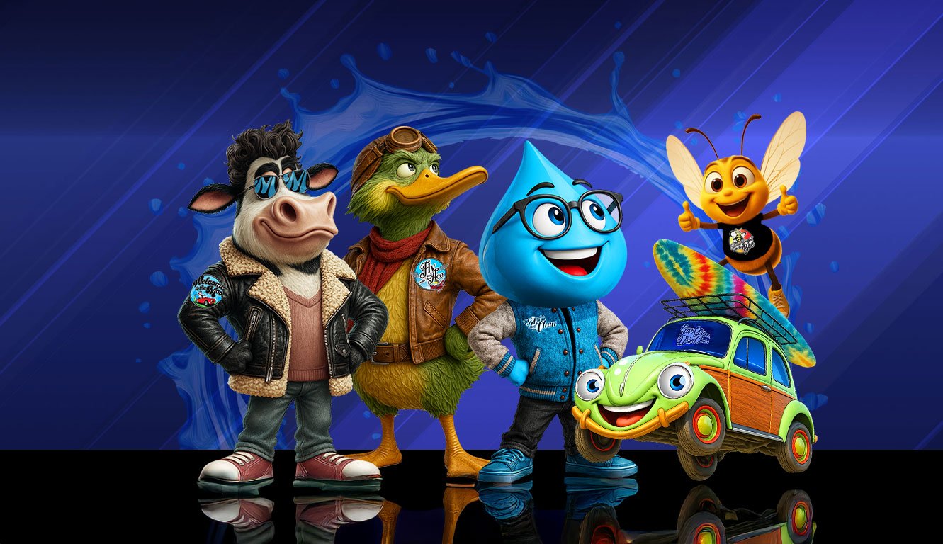 Wash Express mascots outside a Wash Express location