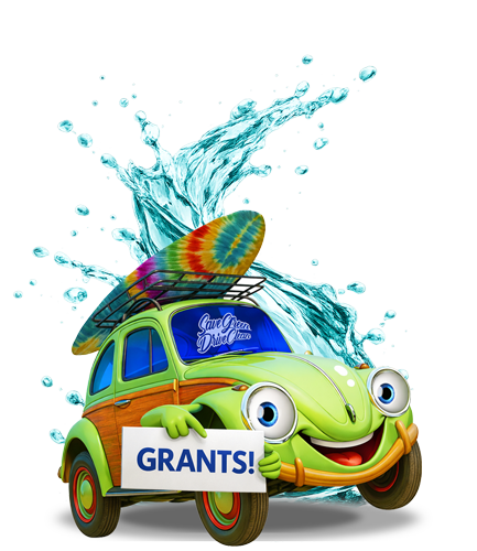 Green Clean Mascot Holding sign that says Grants!