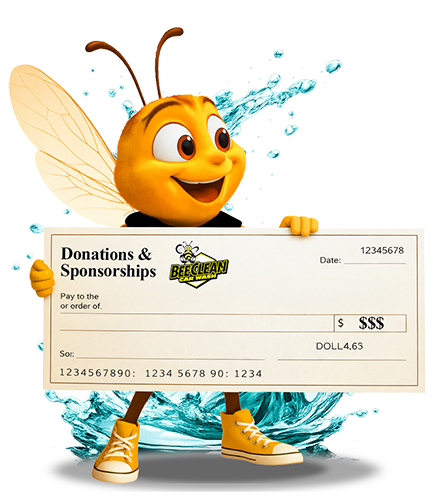 Bee Mascot holding sign that says Donations & Sponsorships