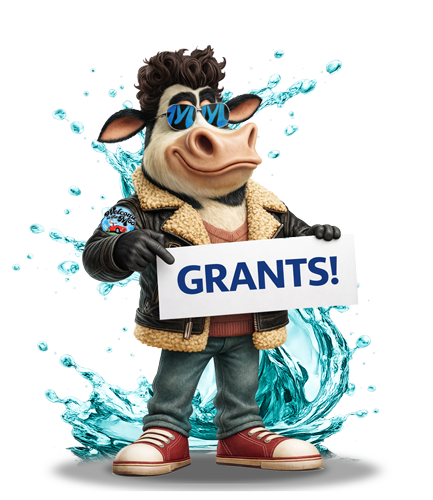Moo Moo mascot holding an oversized sign that says Grants!