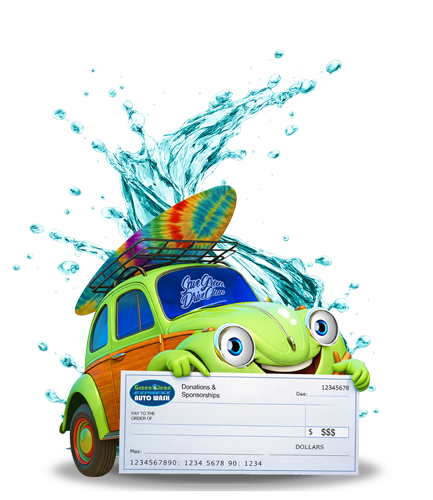 Green Clean Mascot Holding Check for Donations and Sponsorships