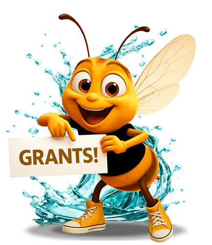 Bee Mascot holding sign that says Grants