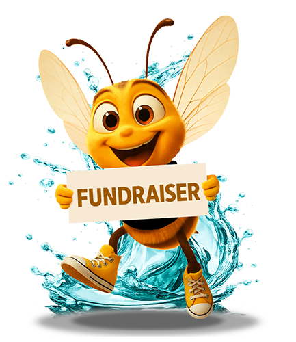 Bee Mascot holding sign that says Fundraiser