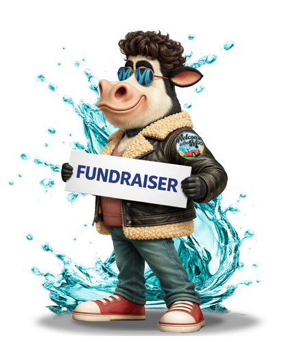 Moo Moo mascot holding a sign that says Fundraiser