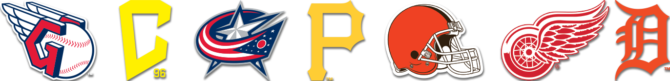 Sport Partnership Logos; CLEVELAND GUARDIANS, COLUMBUS CREW, COLUMBUS BLUE JACKETS, PITTSBURGH PIRATES, CLEVELAND BROWNS, DETROIT REDWINGS, DETROIT TIGERS